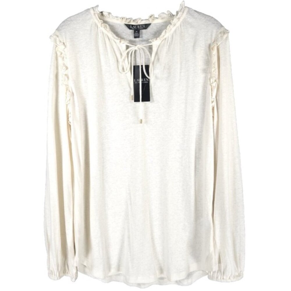 NWT LAUREN RALPH LAUREN LINEN Blend Ruffle Neck Top Keyhole Neck Size MEDIUM‎
